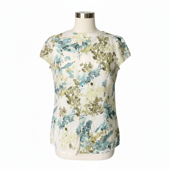 Van Heusen Artsy Watercolor Floral Smock Blouse Cap Sleeve Earthy Green Top Sz M - Picture 5 of 14